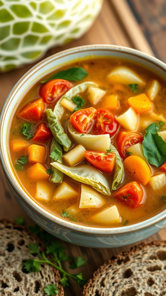 A bowl of healthy cabbage soup with vegetables, garnished with herbs, on a rustic wooden table with bread.